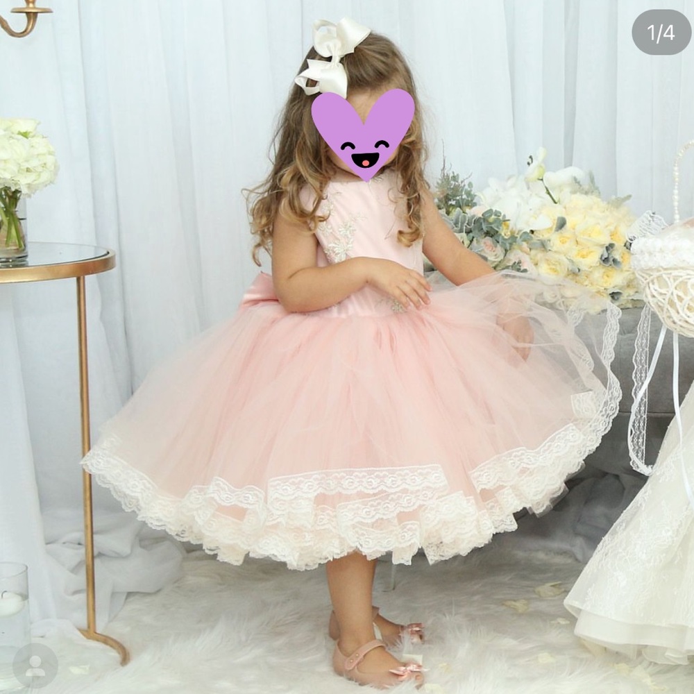Blush and gold flower girl tutu dress with big bow